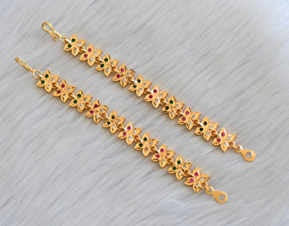 Gold tone ruby-white-green earrings side chain dj-40891