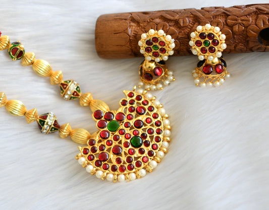 Gold tone kemp-green moon meenakari beaded necklace set dj-15803