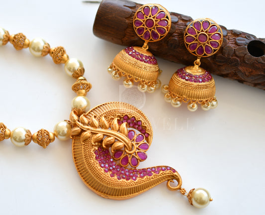 Matte finish ruby pearl designer necklace set dj-07121