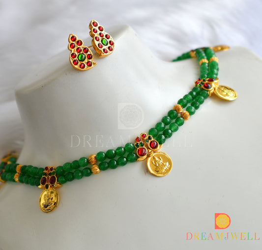 Gold tone kemp-green agates Lakshmi coin necklace set dj-23281