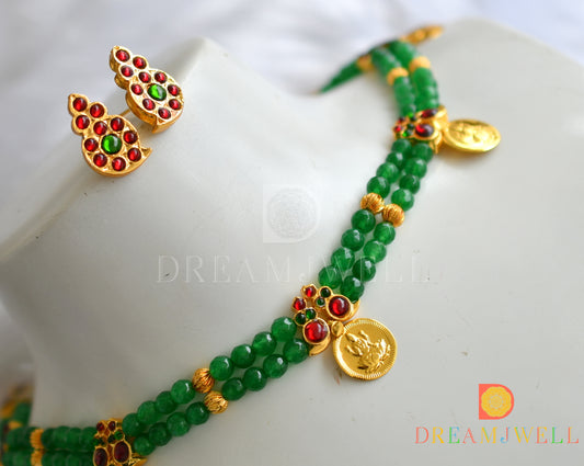 Gold tone kemp-green agates Lakshmi coin necklace set dj-23281