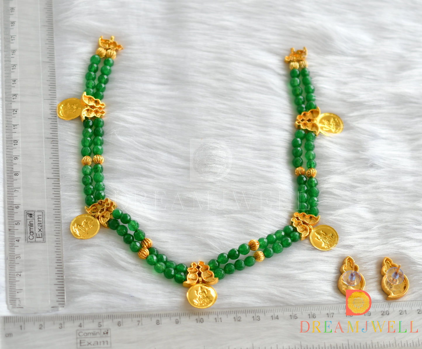Gold tone kemp-green agates Lakshmi coin necklace set dj-23281