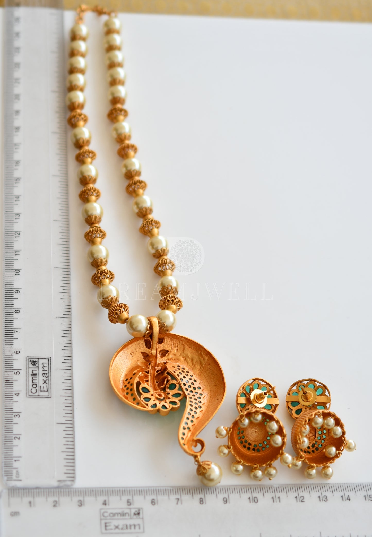 Matte finish emerald pearl beaded necklace set dj-07123