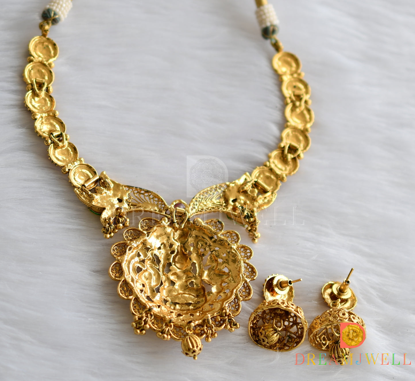 Antique kemp-green Lakshmi kundan necklace set dj-01813