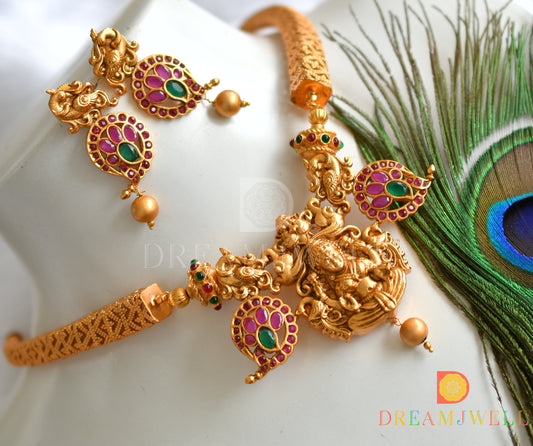 Matte finish ruby-emerald Lakshmi-peacock kante necklace set dj-37710