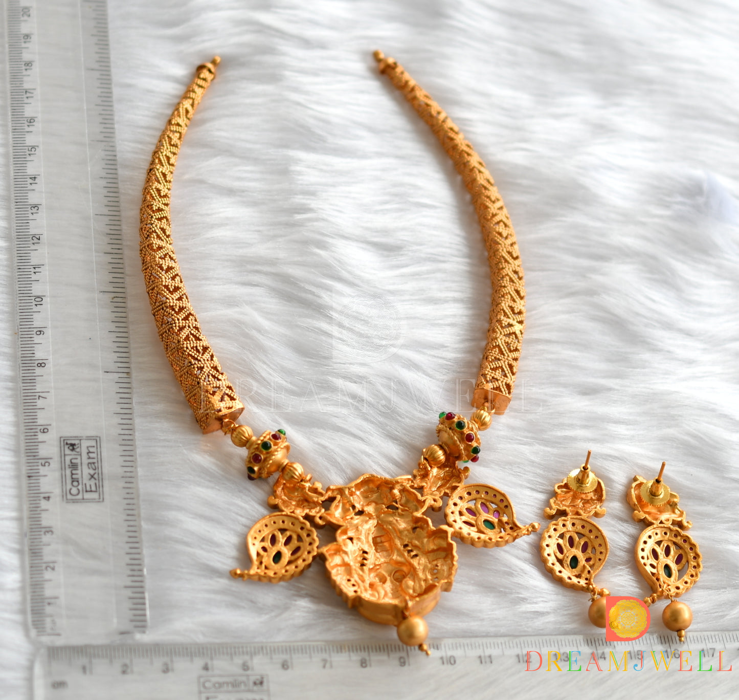 Matte finish ruby-emerald Lakshmi-peacock kante necklace set dj-37710