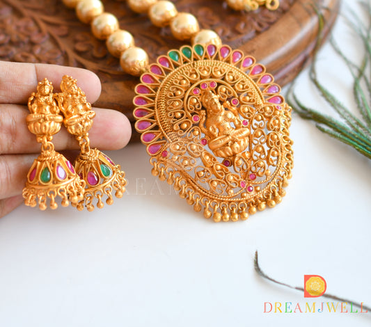 Matte finish ruby-emerald-pearl beaded lakshmi necklace set dj-09957