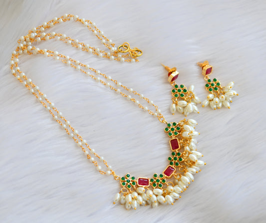 Gold tone ruby-green rice pearl short haar set dj-39963