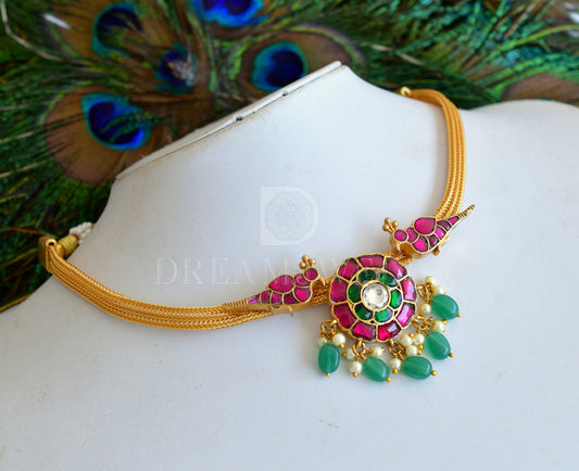 Gold tone kundan jadau pink-green flower-peacock designer necklace dj-35369