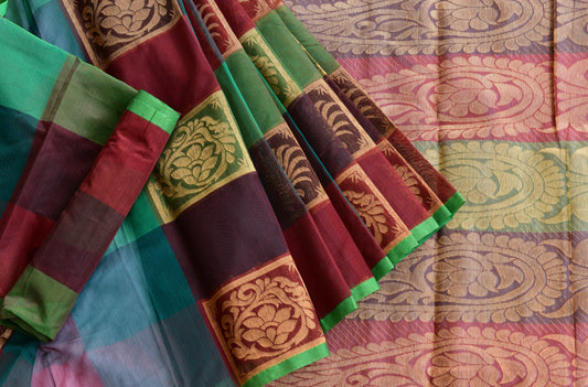 Semi silk cotton green-brown-maroon color mango design saree dj-38524