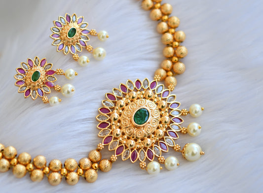 Gold tone ruby-emerald-white stone choker necklace set dj-39961