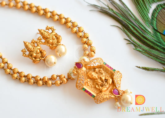 Matte Finish Ruby-emerald pearl Lakshmi Necklace Set dj-09958