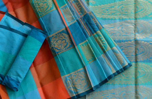 Semi silk cotton Orange-blue-sky blue color mango design saree dj-38525