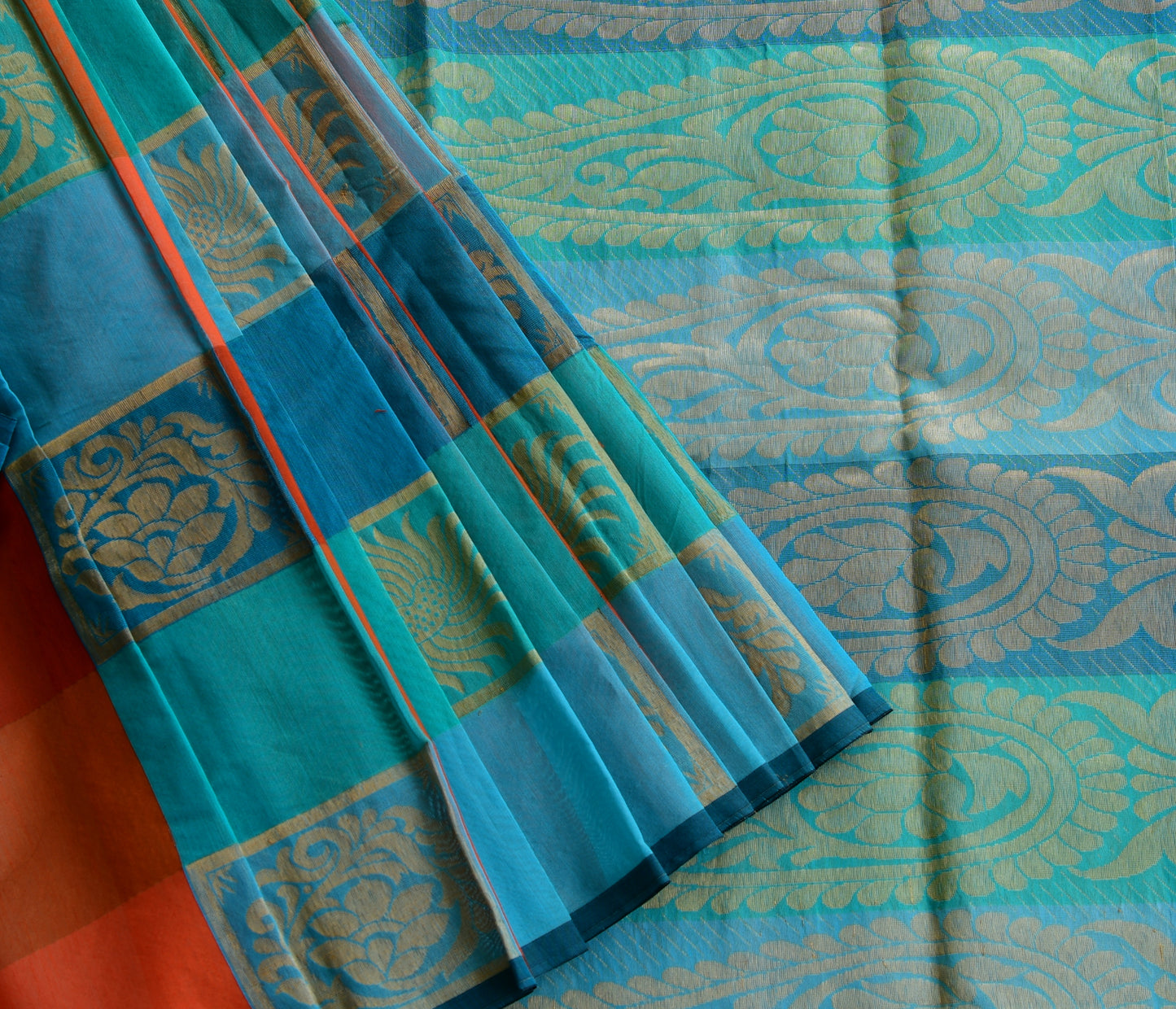 Semi silk cotton Orange-blue-sky blue color mango design saree dj-38525