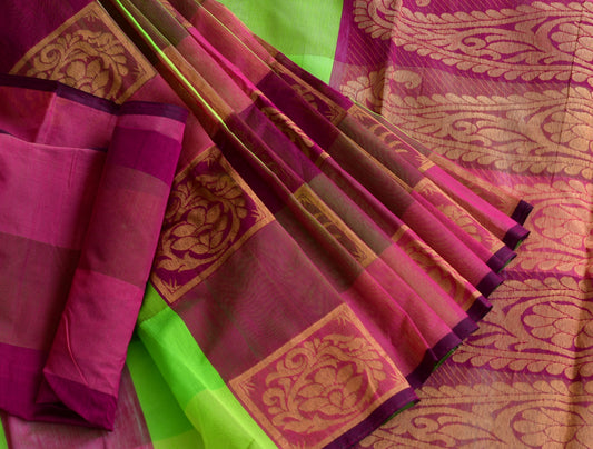Semi silk cotton pink-parrot green color mango design saree dj-38526