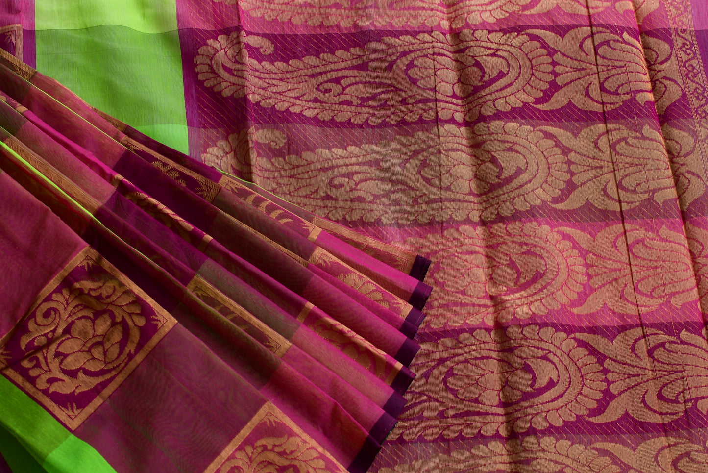 Semi silk cotton pink-parrot green color mango design saree dj-38526