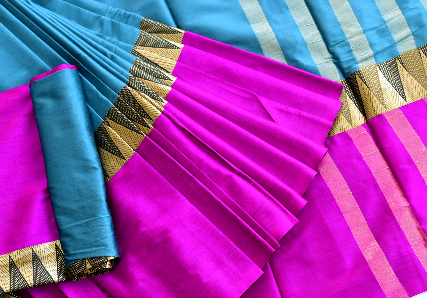 Semi silk cotton temple border blue-pink Saree dj-38529