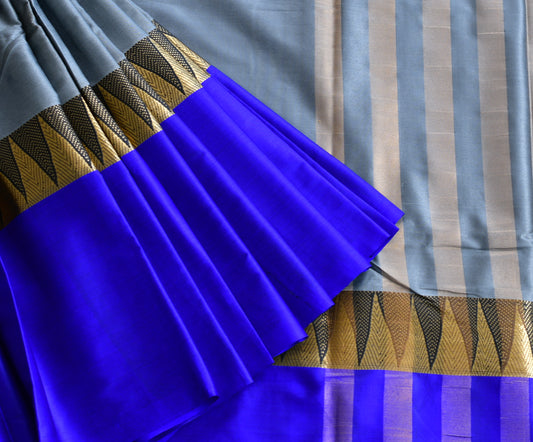 Semi silk cotton temple border blue-grey Saree dj-38530