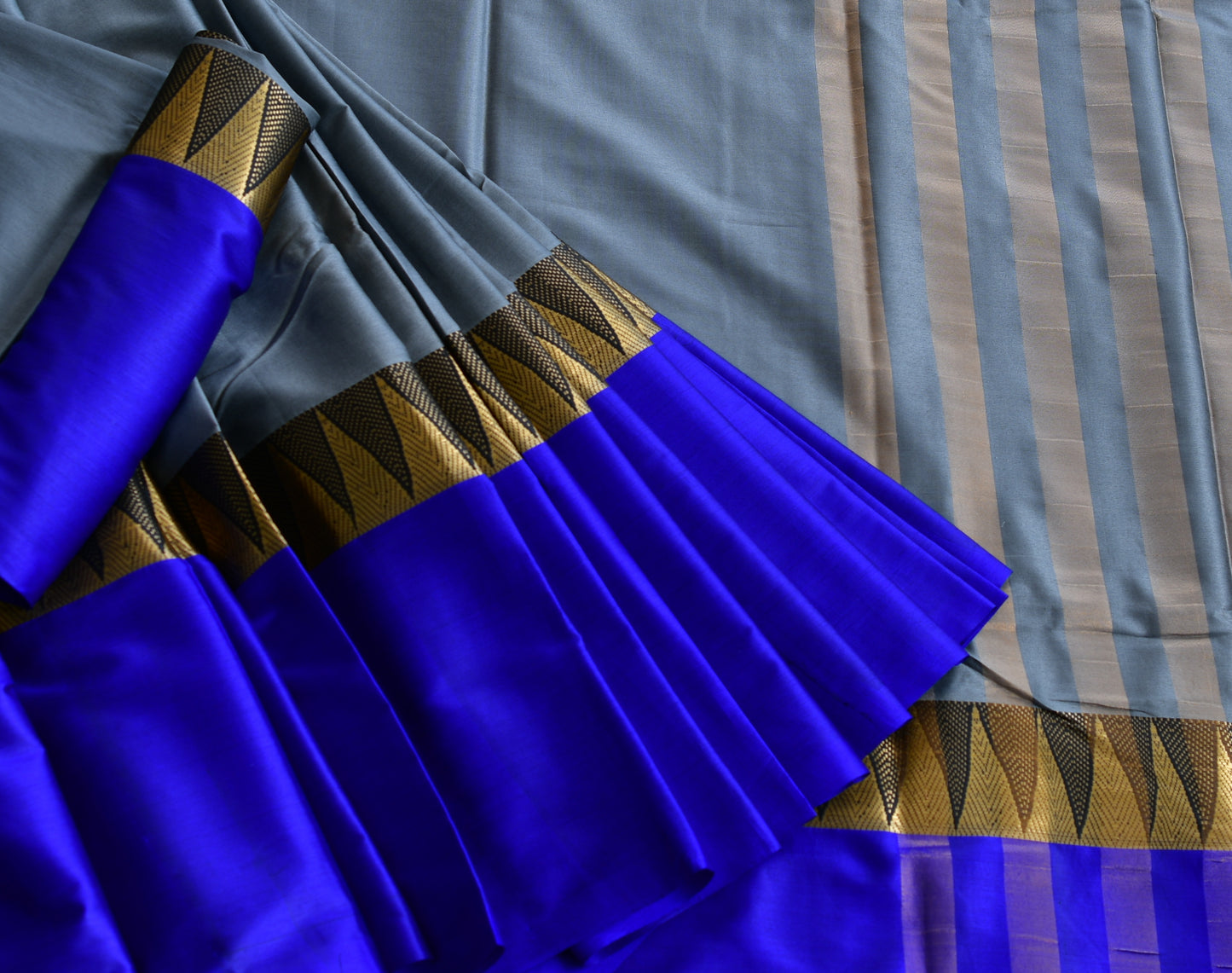 Semi silk cotton temple border blue-grey Saree dj-38530