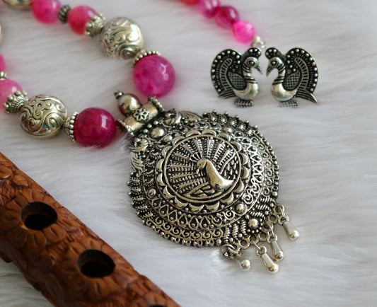Silver tone pink agates beads peacock pendant hand made necklace set dj-38567