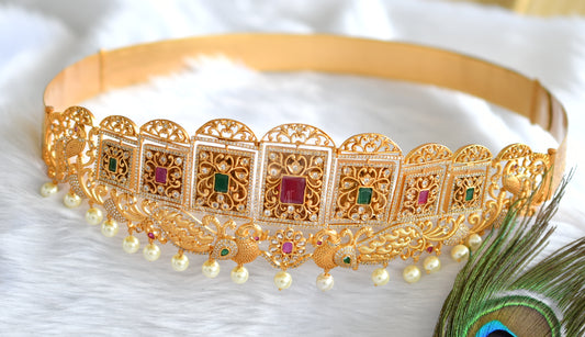 Gold look alike ruby-emerald square peacock-lakshmi 2 in 1 waist band dj-34228