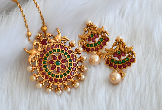 Matte finish ruby-green peacock pearl necklace set dj-29831