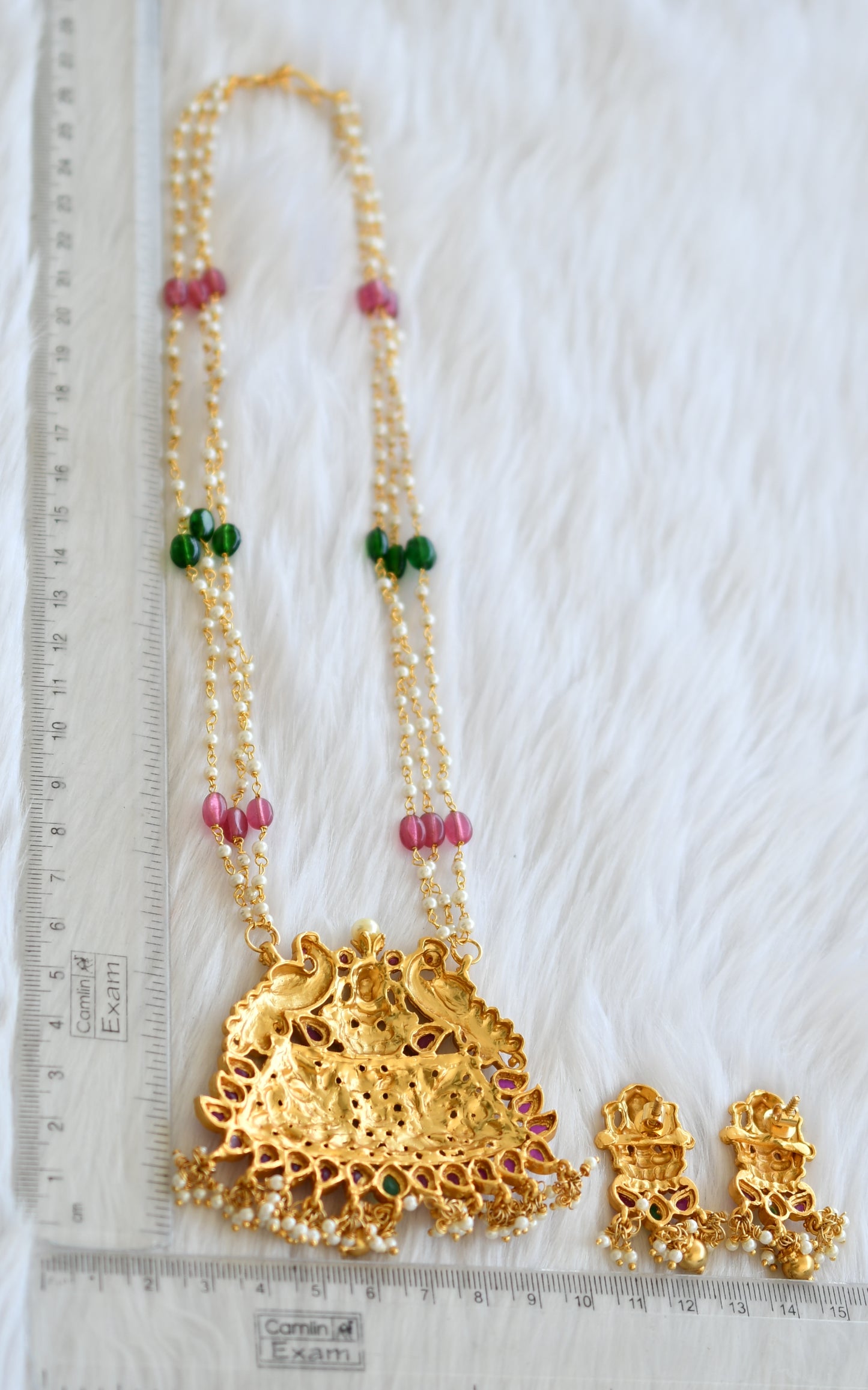 Gold tone ruby-emerald Lakshmi-peacock necklace with screw back earrings dj-12970
