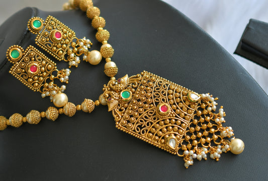 Antique gold tone pearl beaded square pendant necklace set dj-10108