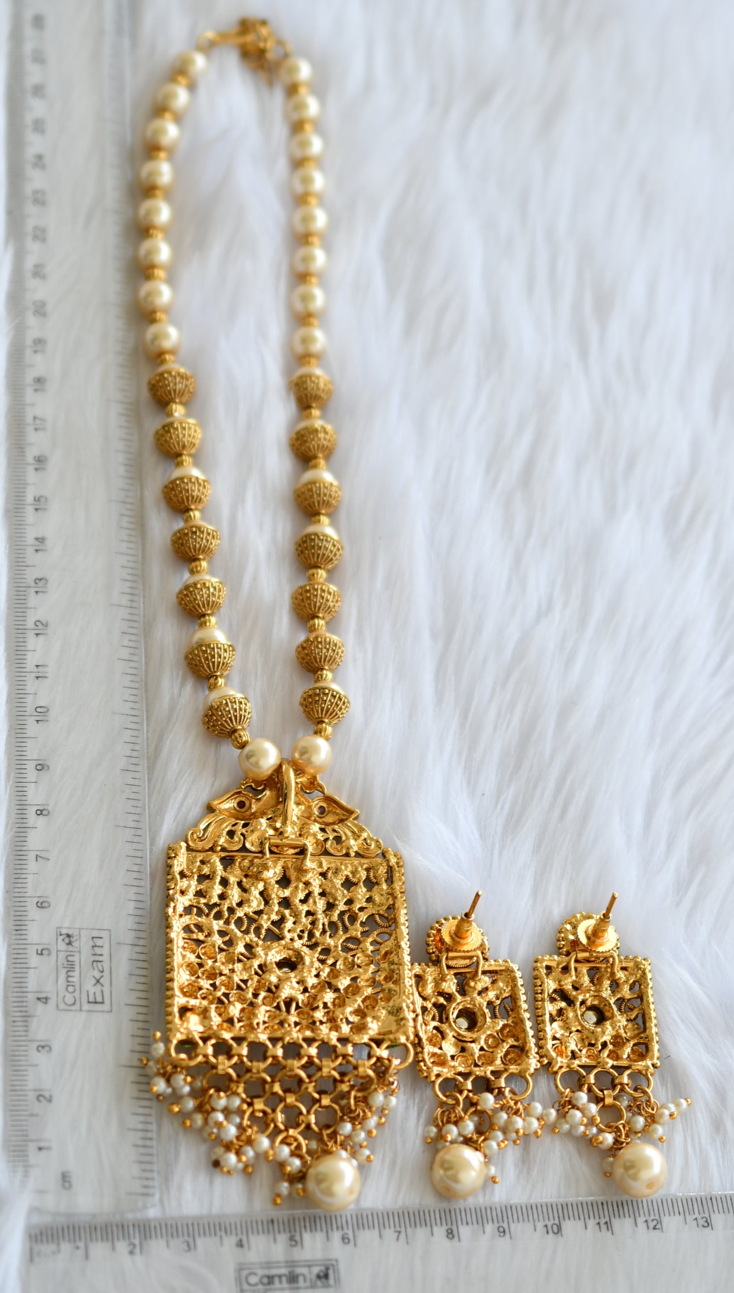 Antique gold tone pearl beaded square pendant necklace set dj-10108