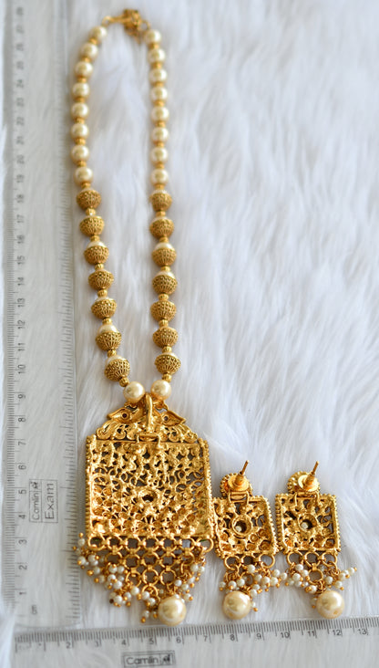 Antique gold tone pearl beaded square pendant necklace set dj-10108