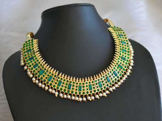 Gold tone semi precious kemp green pearl poothali necklace dj-19094