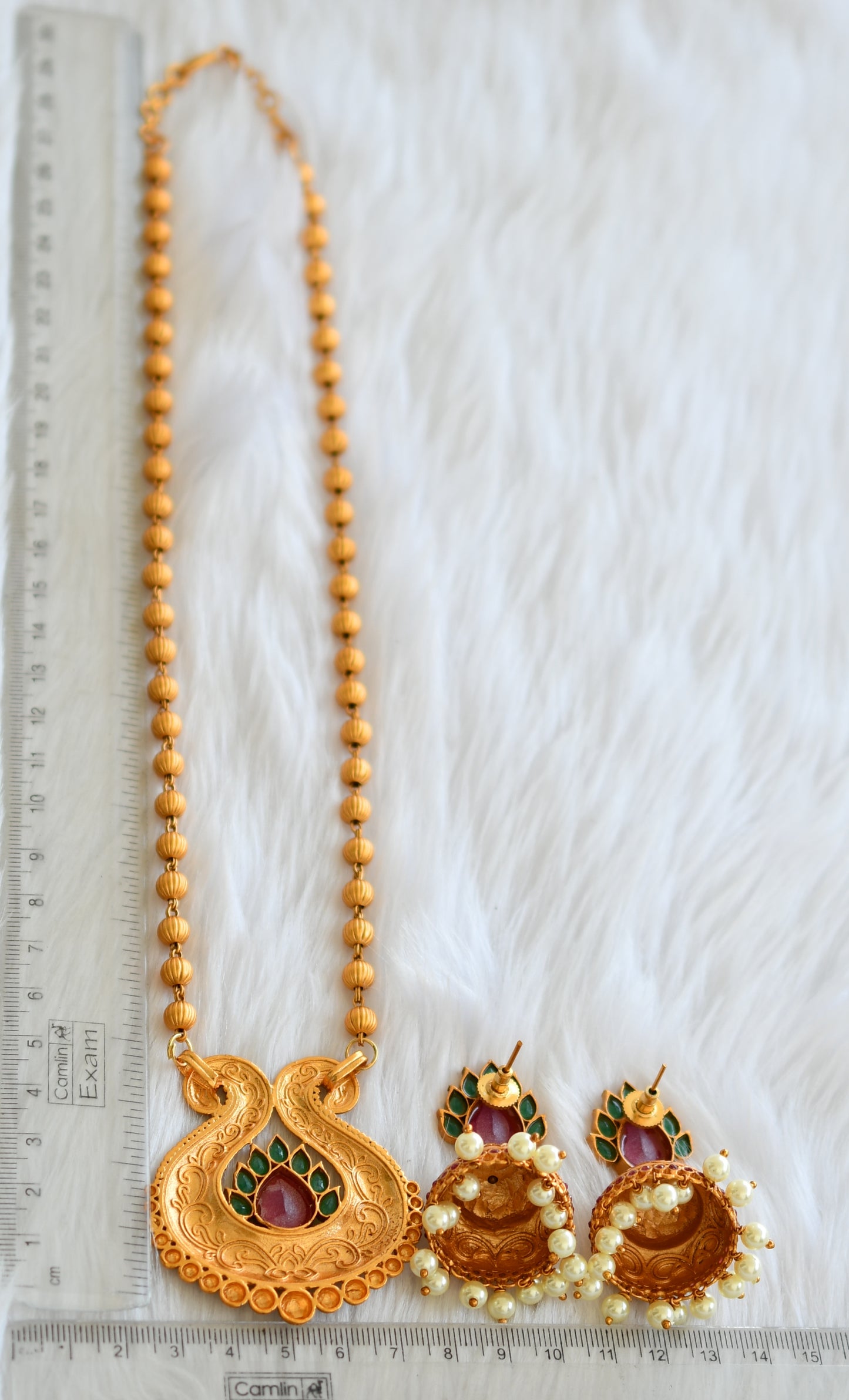 Antique gold tone pink-green pearl necklace set dj-10088