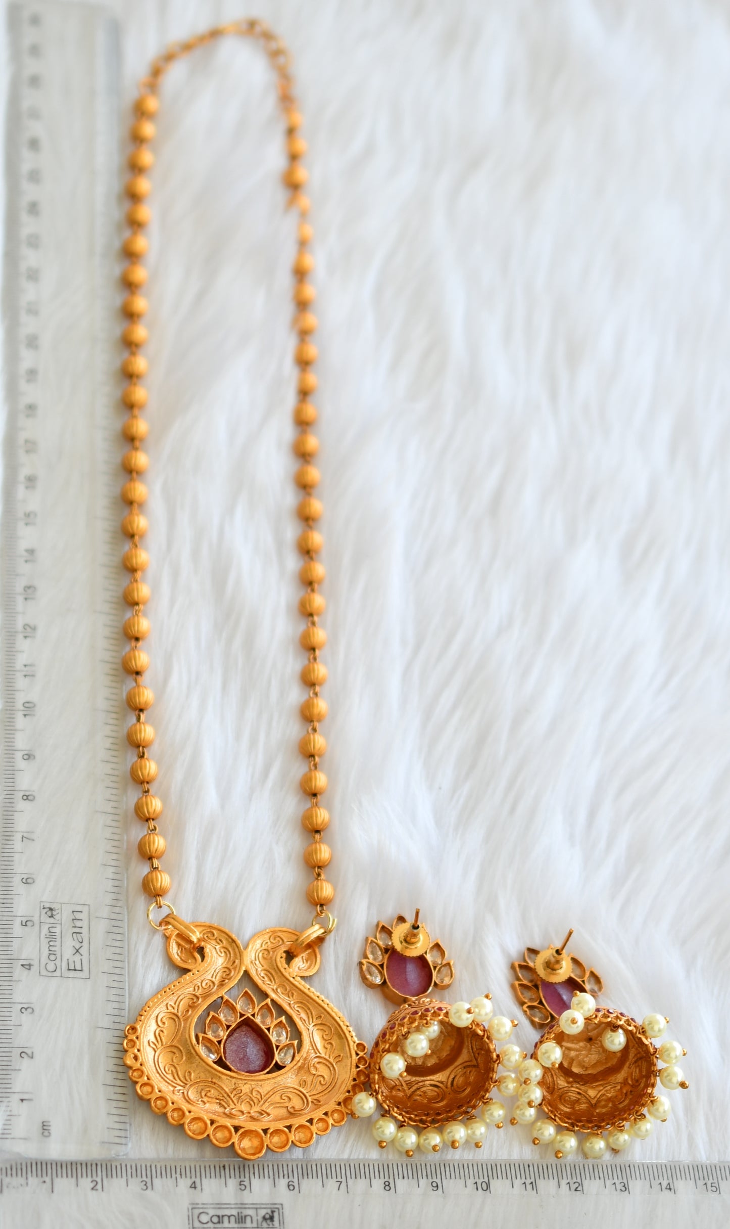 Antique gold tone ruby-pearl necklace set dj-10089