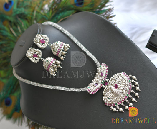 Silver finish ruby-emerald peacock necklace set dj-09408