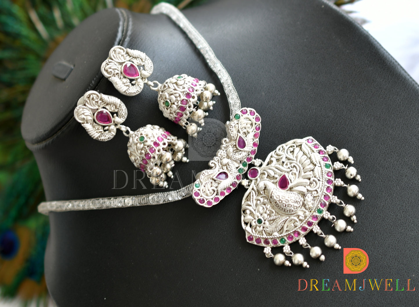 Silver finish ruby-emerald peacock necklace set dj-09408