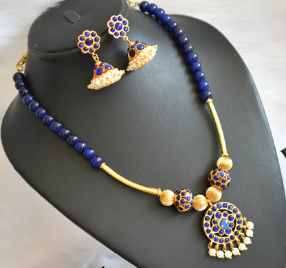 Gold tone blue pearl temple necklace set dj-19752