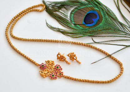 Matte finish ruby-emerald peacock mugappu chain with earrings dj-10125