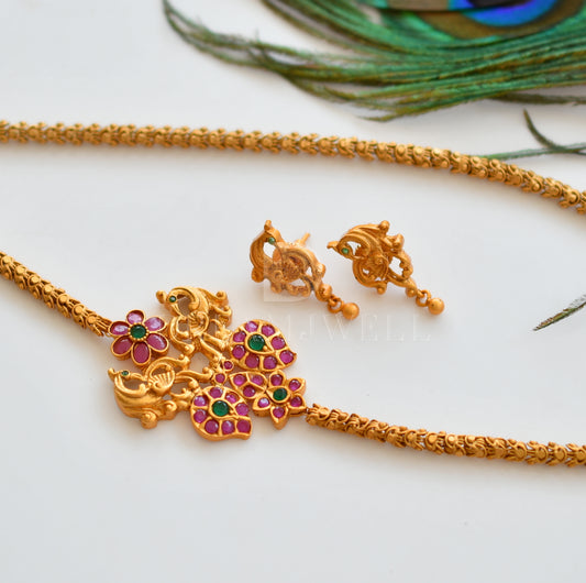 Matte finish ruby-emerald peacock mugappu chain with earrings dj-10125