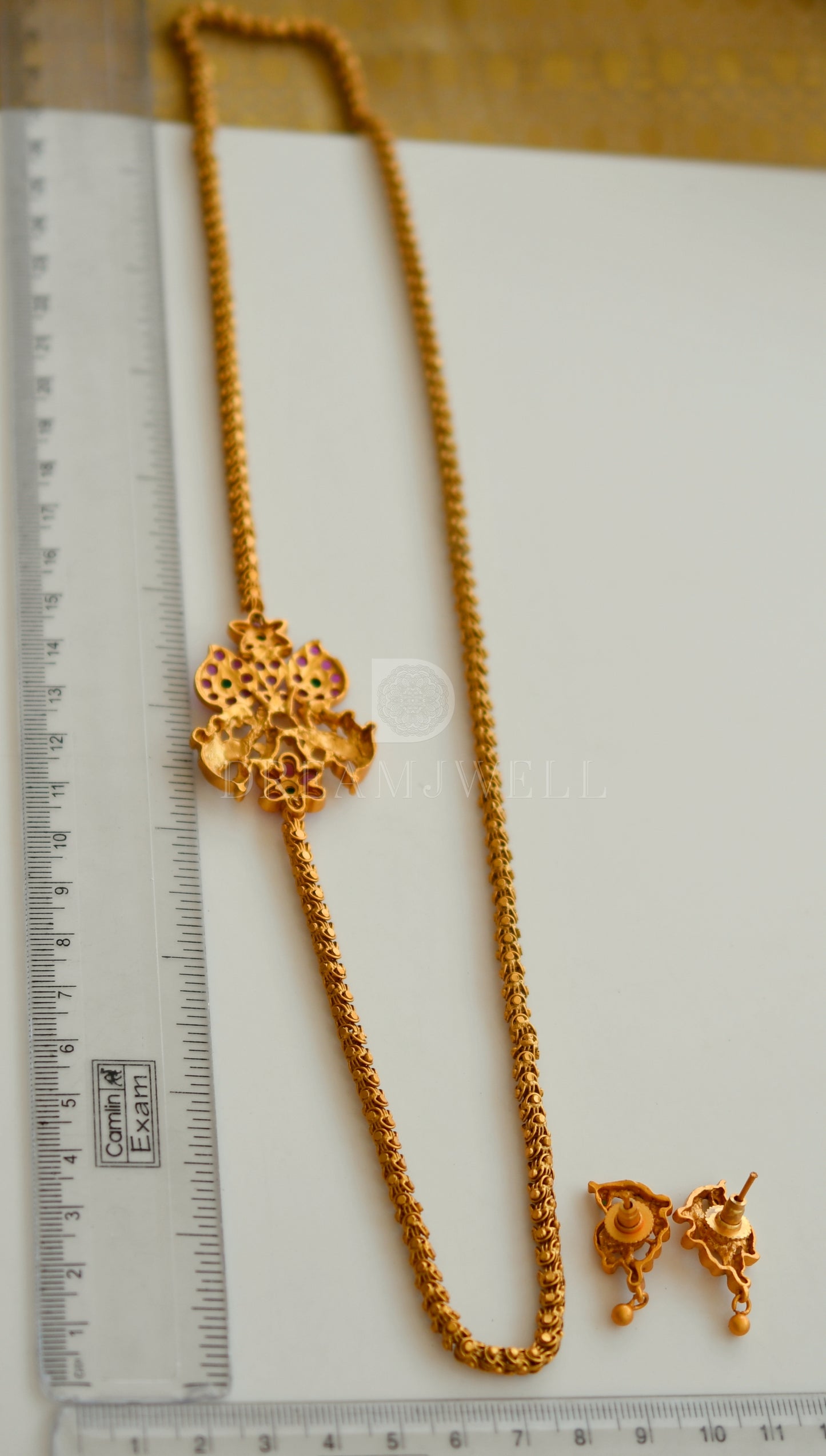 Matte finish ruby-emerald peacock mugappu chain with earrings dj-10125