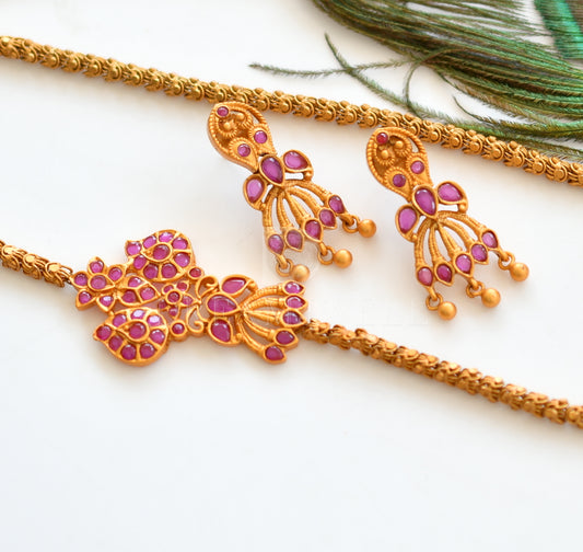 Matte finish ruby mugappu chain with earrings dj-10120