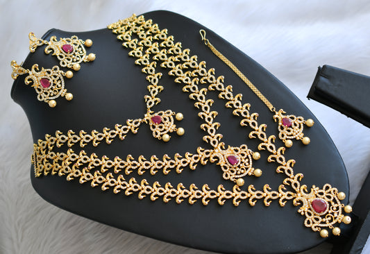 Gold tone Cz-ruby Peacock Bridal Step Haar Set-dj03003