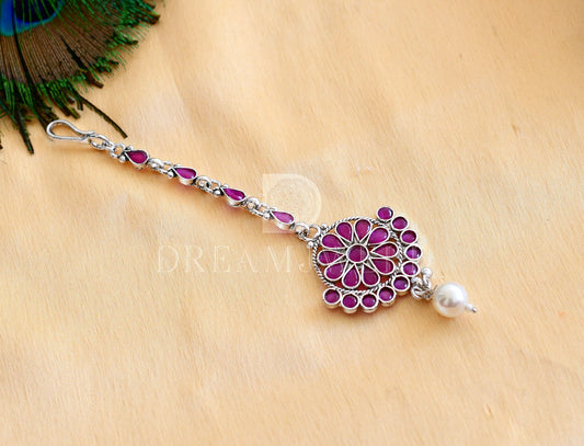 Silver tone ruby designer necklace set with tikka dj-35466