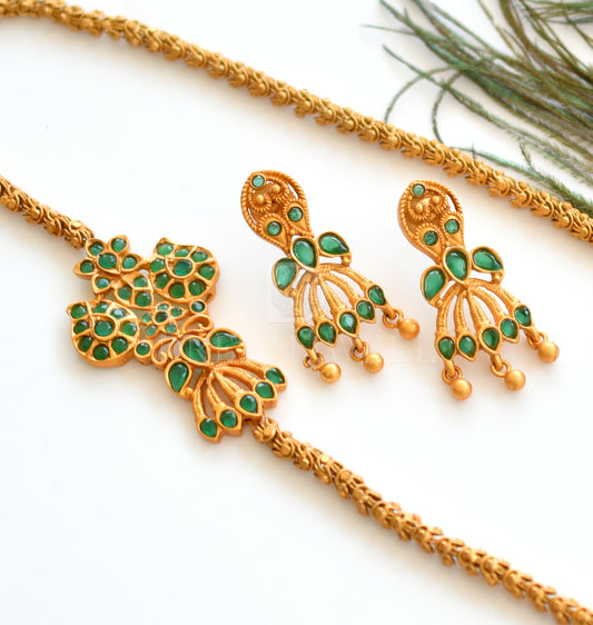 Matte finish emerald mugappu chain with earrings dj-10121