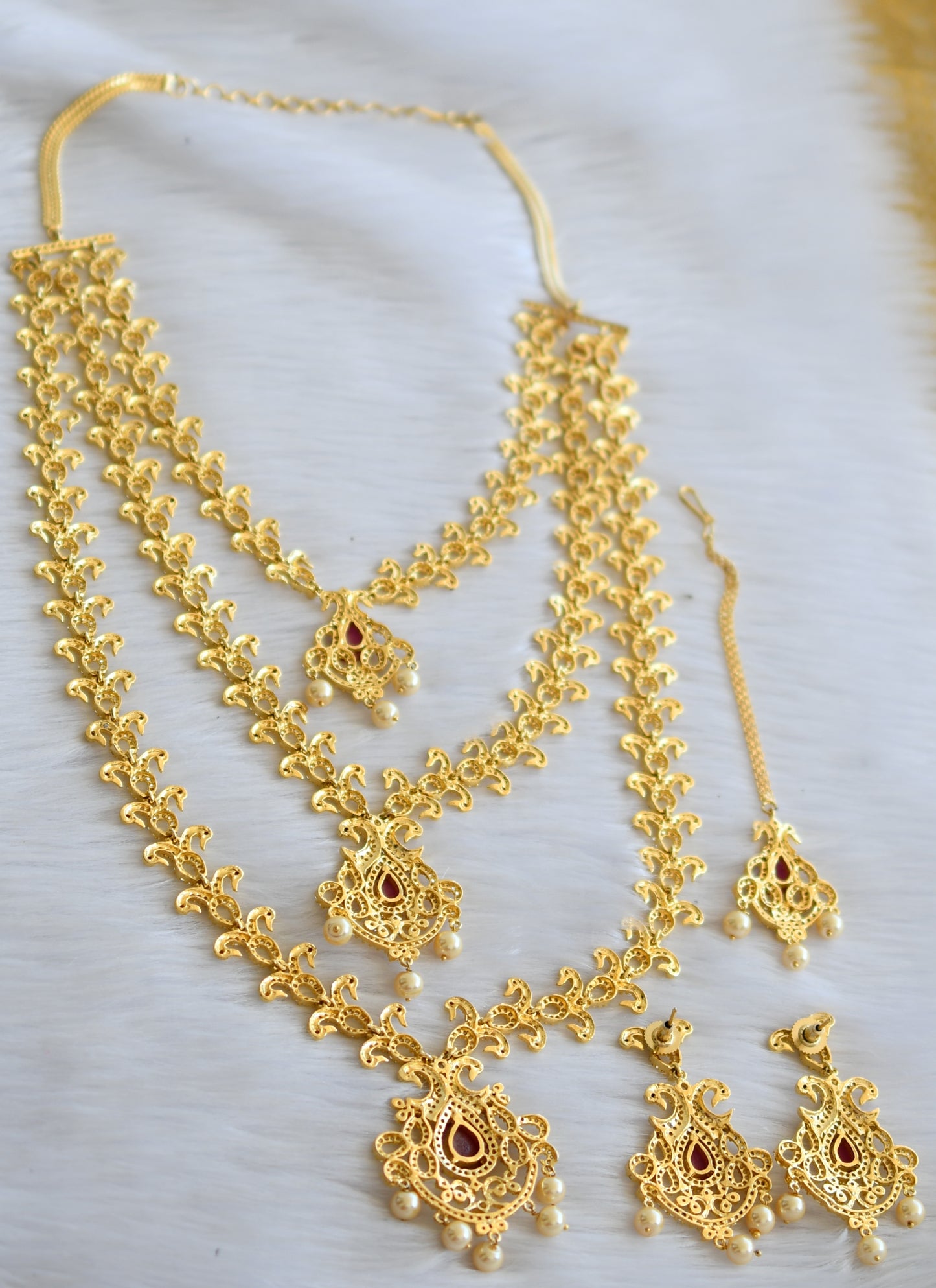 Gold tone Cz-ruby Peacock Bridal Step Haar Set-dj03003