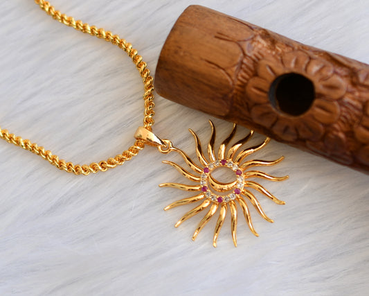 Gold tone cz ruby-white sun pendant with chain dj-39986