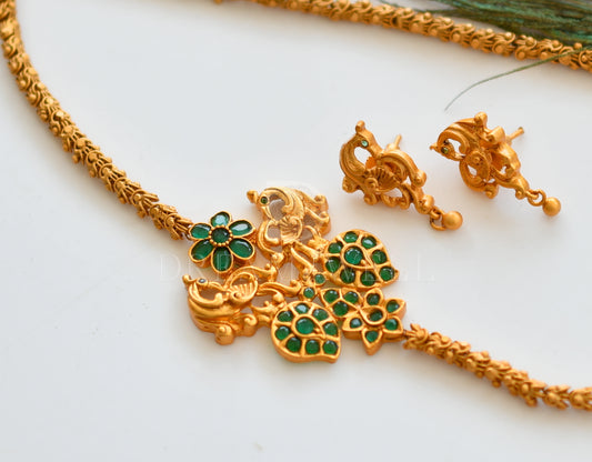 Matte finish emerald peacock mugappu chain with earrings dj-10123