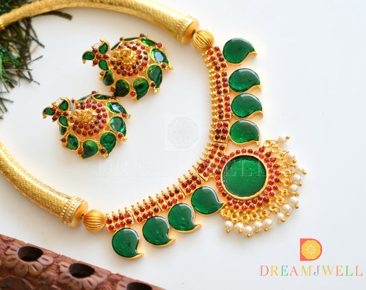 Gold tone palakka green mango jhumkka Kante necklace set dj-18700