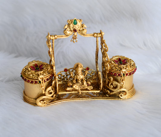 Antique gold tone kemp-green Lakshmi kumkum box dj-38604