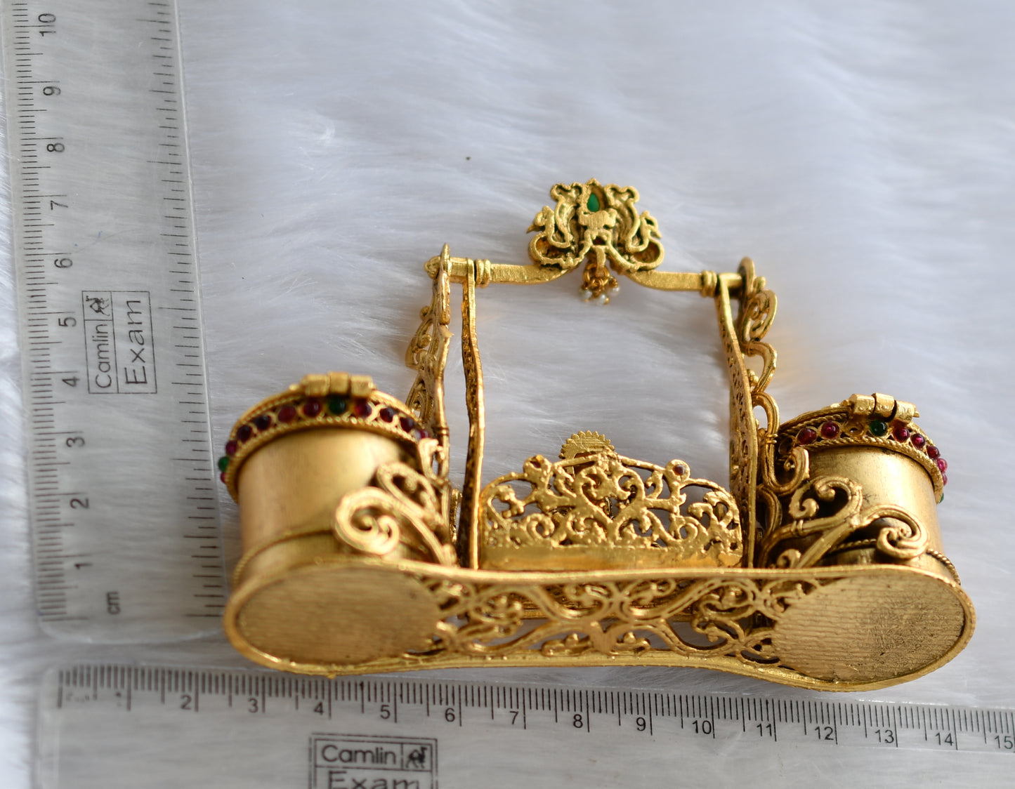 Antique gold tone kemp-green Lakshmi kumkum box dj-38604