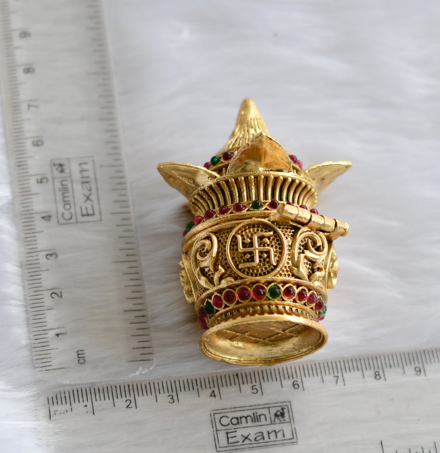 Antique gold tone kemp-green Kalash kumkum box dj-38606